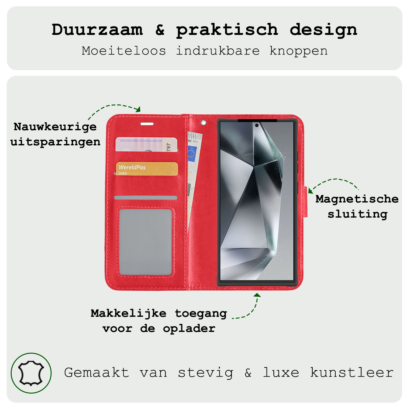 BASEY. Hoes Geschikt voor Samsung S24 Ultra Hoesje Bookcase Hoes Flip Case Book Cover Met 2x Screenprotector - Hoesje Geschikt voor Samsung Galaxy S24 Ultra Hoes Book Case Hoesje - Rood