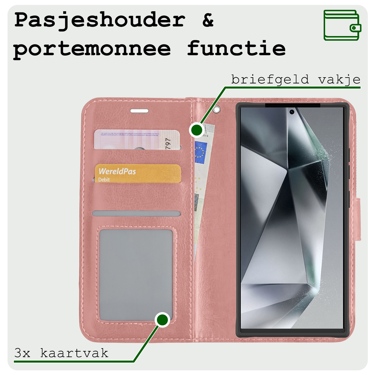 BASEY. Hoes Geschikt voor Samsung S24 Ultra Hoesje Bookcase Hoes Flip Case Book Cover Met 2x Screenprotector - Hoesje Geschikt voor Samsung Galaxy S24 Ultra Hoes Book Case Hoesje - Rosé goud