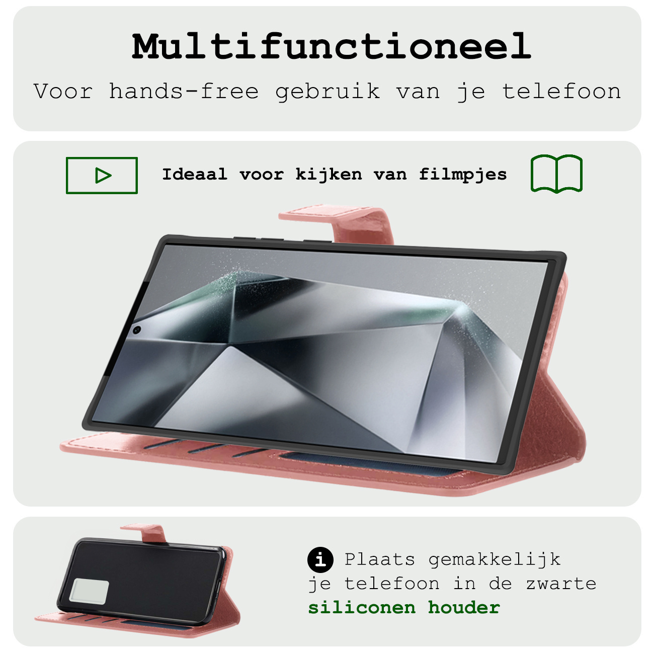 BASEY. Hoes Geschikt voor Samsung S24 Ultra Hoesje Bookcase Hoes Flip Case Book Cover Met 2x Screenprotector - Hoesje Geschikt voor Samsung Galaxy S24 Ultra Hoes Book Case Hoesje - Rosé goud