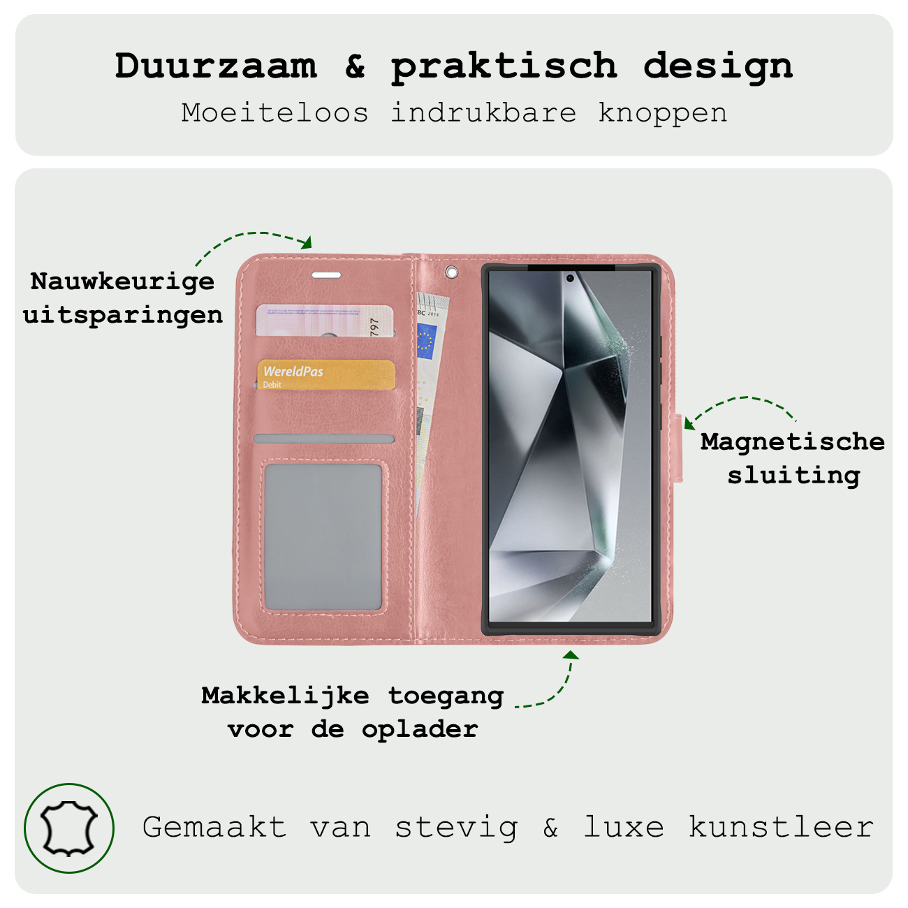 BASEY. Hoes Geschikt voor Samsung S24 Ultra Hoesje Bookcase Hoes Flip Case Book Cover Met 2x Screenprotector - Hoesje Geschikt voor Samsung Galaxy S24 Ultra Hoes Book Case Hoesje - Rosé goud