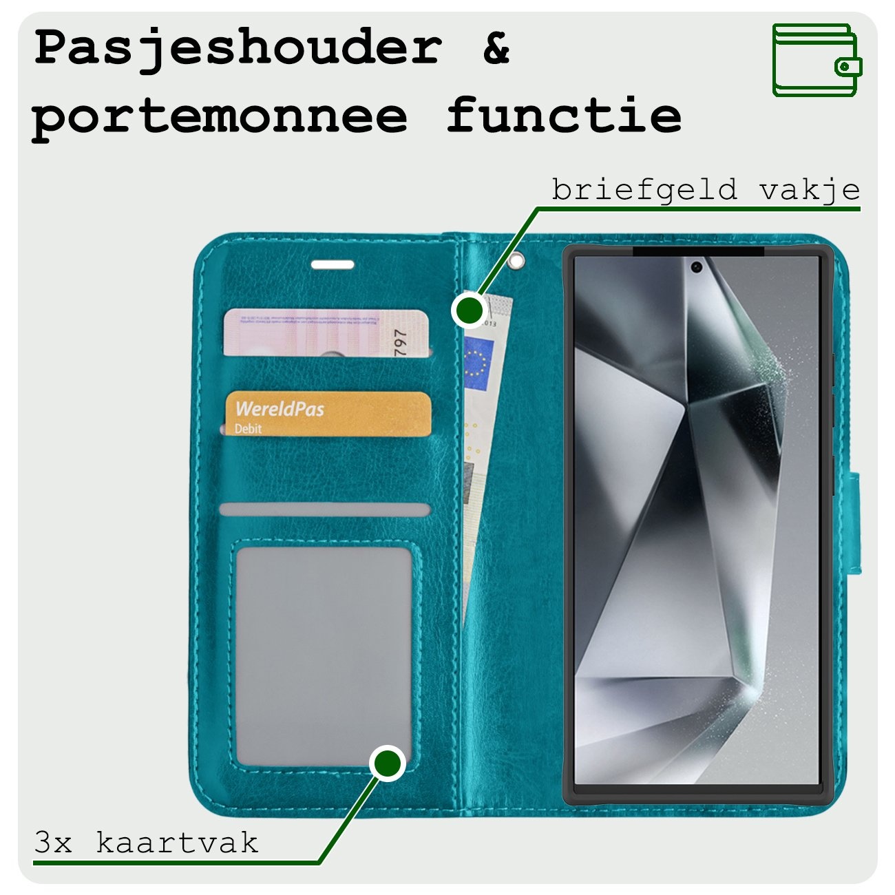 BASEY. Hoes Geschikt voor Samsung S24 Ultra Hoesje Bookcase Hoes Flip Case Book Cover Met 2x Screenprotector - Hoesje Geschikt voor Samsung Galaxy S24 Ultra Hoes Book Case Hoesje - Turquoise