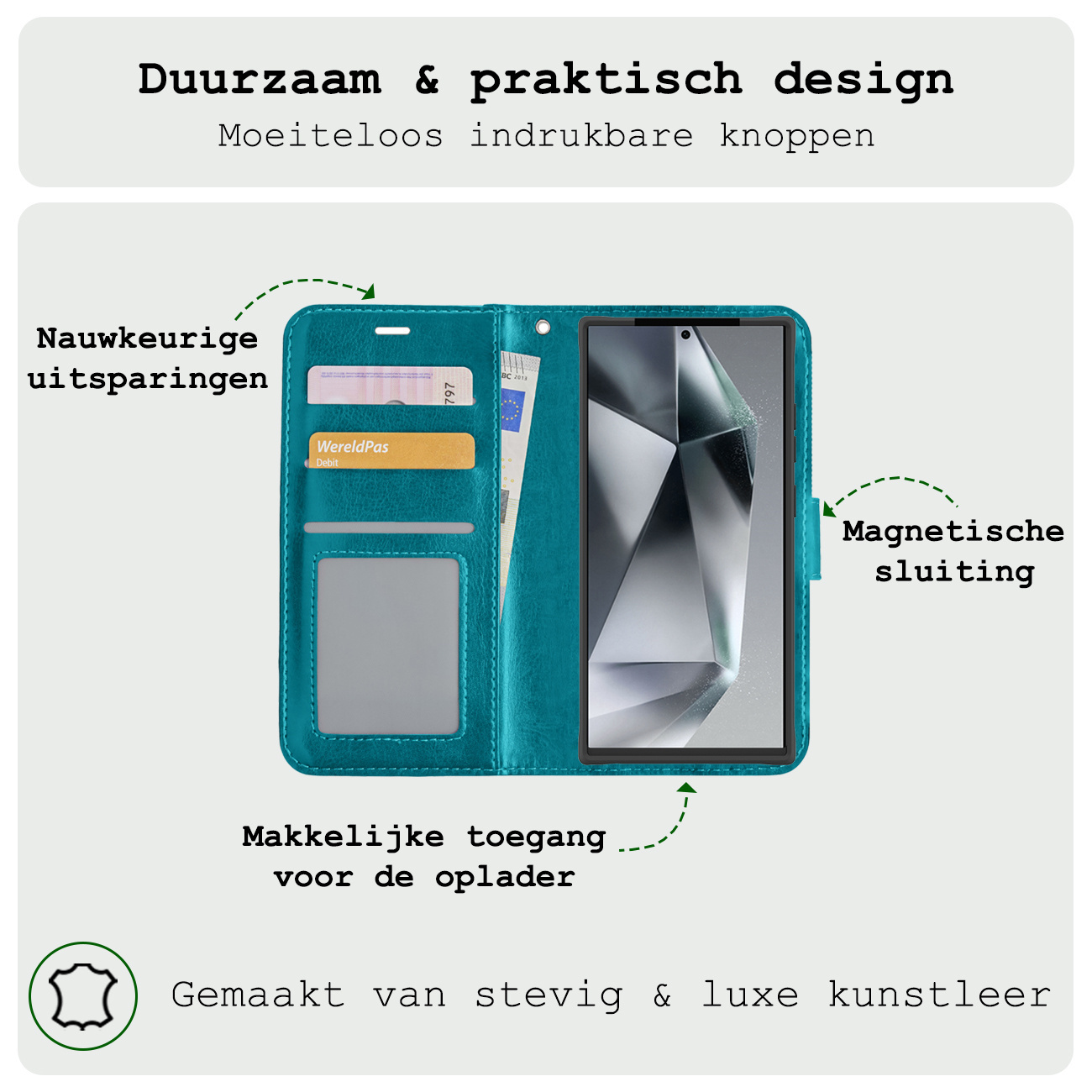 BASEY. Hoes Geschikt voor Samsung S24 Ultra Hoesje Bookcase Hoes Flip Case Book Cover Met 2x Screenprotector - Hoesje Geschikt voor Samsung Galaxy S24 Ultra Hoes Book Case Hoesje - Turquoise