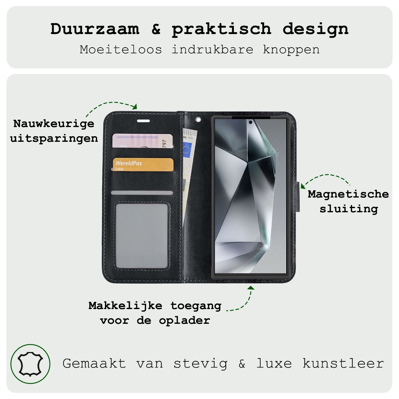 BASEY. Hoes Geschikt voor Samsung S24 Ultra Hoesje Bookcase Hoes Flip Case Book Cover Met 2x Screenprotector - Hoesje Geschikt voor Samsung Galaxy S24 Ultra Hoes Book Case Hoesje - Zwart