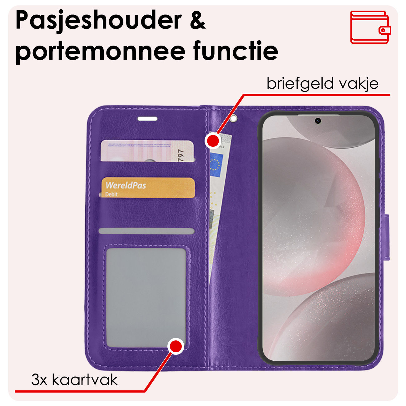 NoXx Hoes Geschikt voor Samsung S24 Hoesje Book Case Hoes Flip Cover Wallet Bookcase Met Screenprotector - Paars