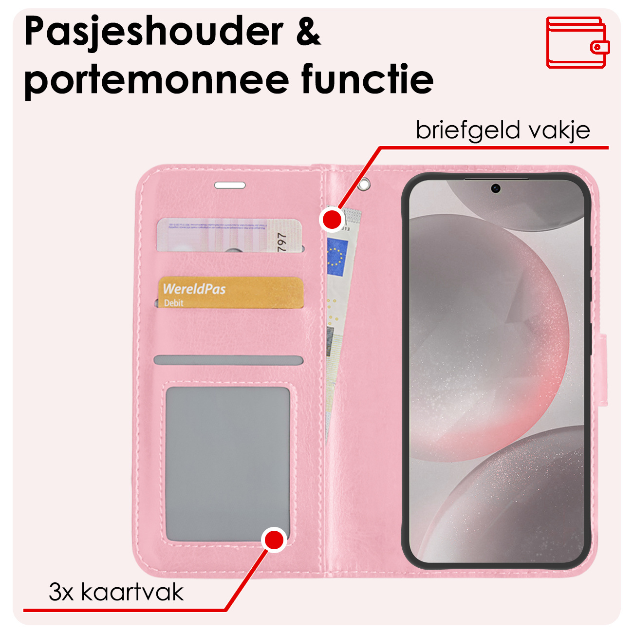 NoXx Hoes Geschikt voor Samsung S24 Hoesje Book Case Hoes Flip Cover Wallet Bookcase Met 2x Screenprotector - Lichtroze