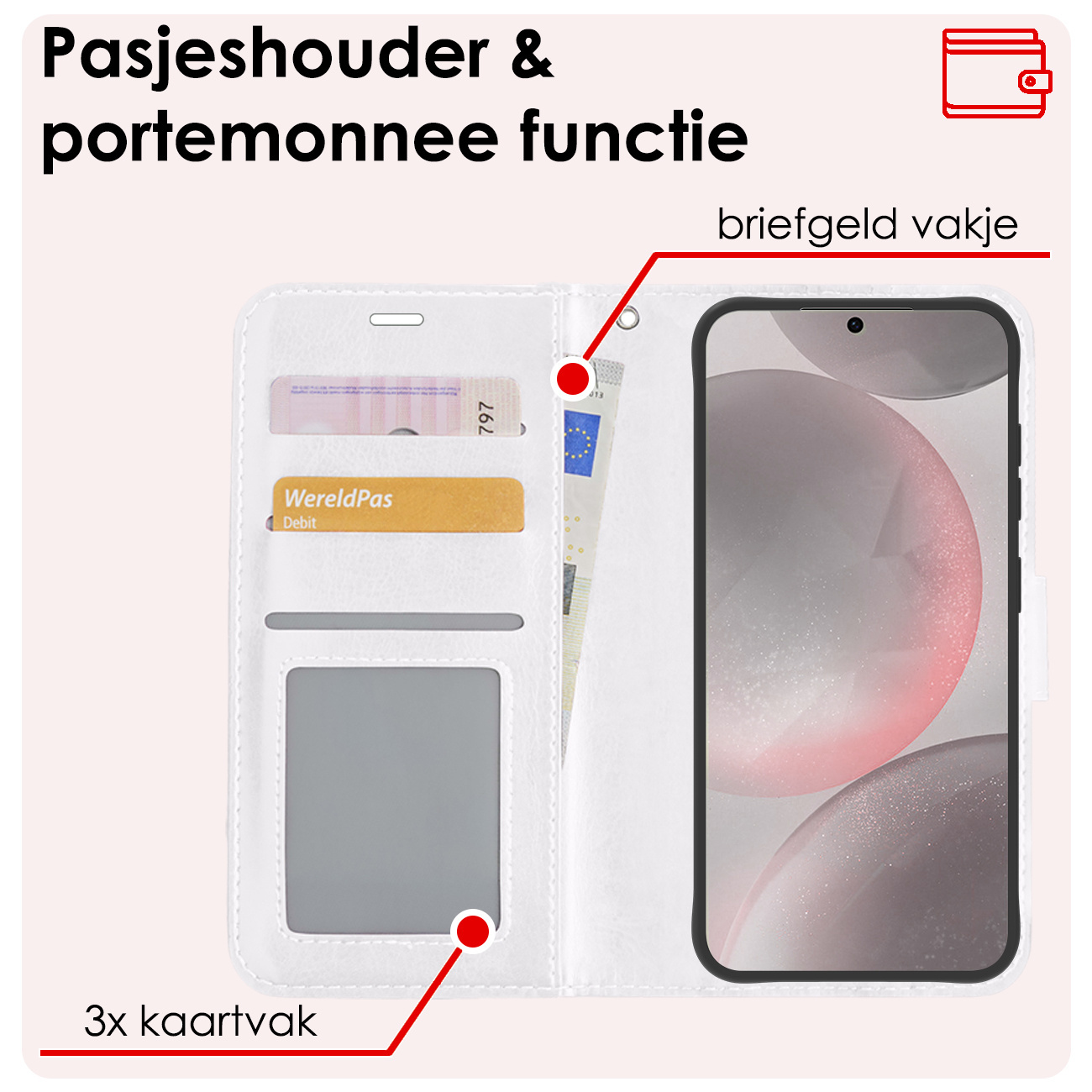 NoXx Hoes Geschikt voor Samsung S24 Hoesje Book Case Hoes Flip Cover Wallet Bookcase Met 2x Screenprotector - Wit