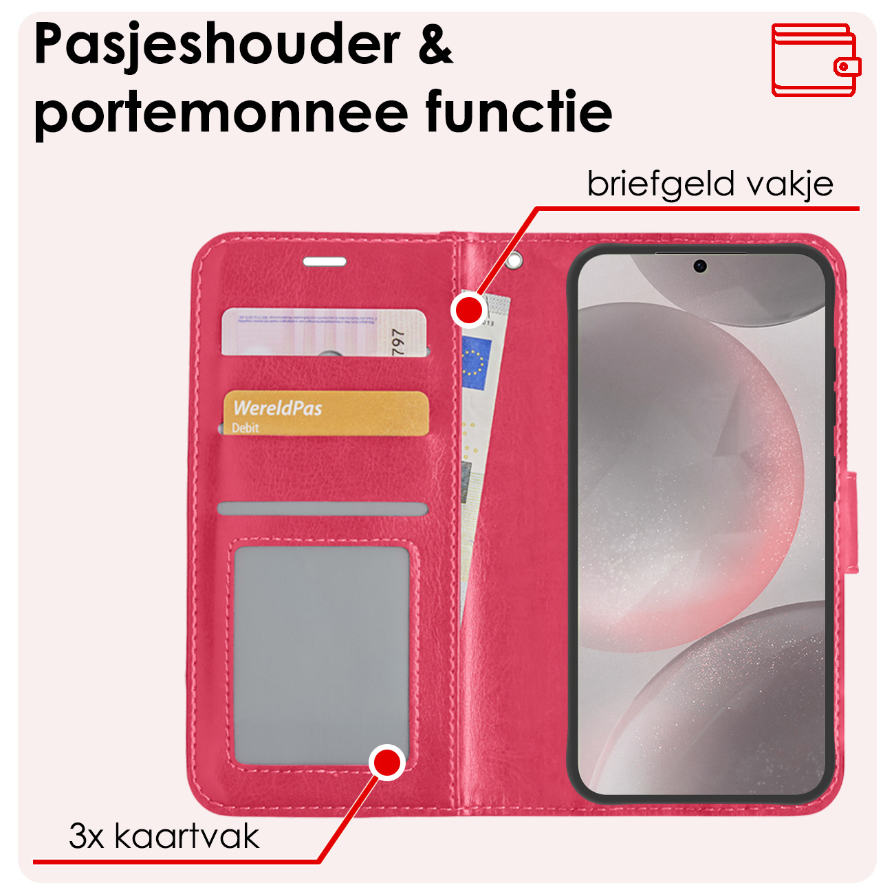 NoXx Hoes Geschikt voor Samsung S24 Plus Hoesje Book Case Hoes Flip Cover Wallet Bookcase Met Screenprotector - Donkerroze
