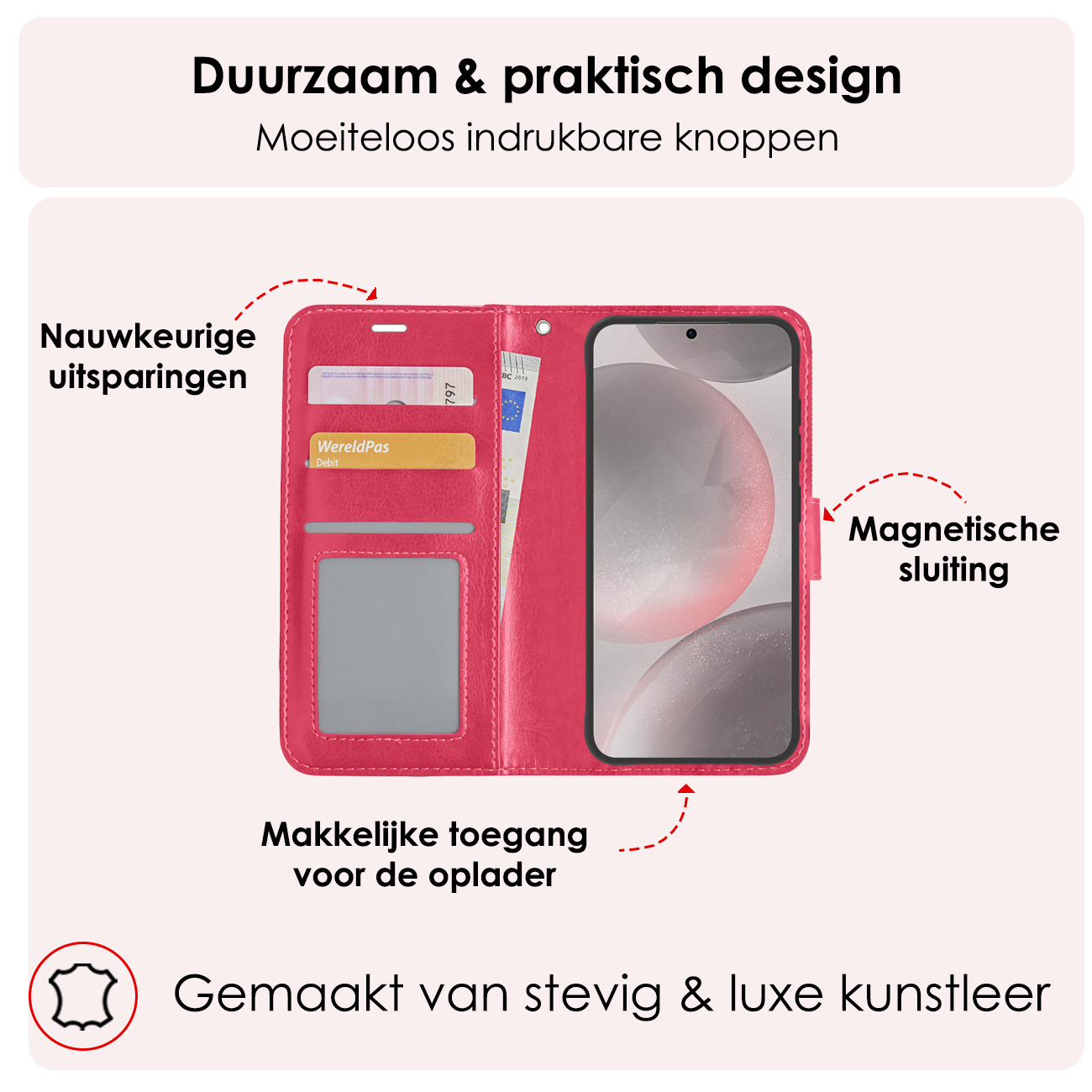 NoXx Hoes Geschikt voor Samsung S24 Plus Hoesje Book Case Hoes Flip Cover Wallet Bookcase Met Screenprotector - Donkerroze