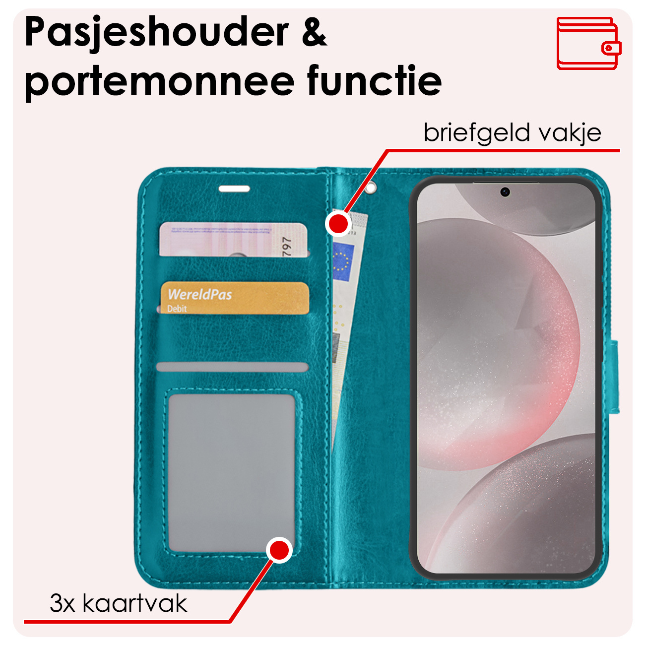 NoXx Hoes Geschikt voor Samsung S24 Plus Hoesje Book Case Hoes Flip Cover Wallet Bookcase Met Screenprotector - Turquoise