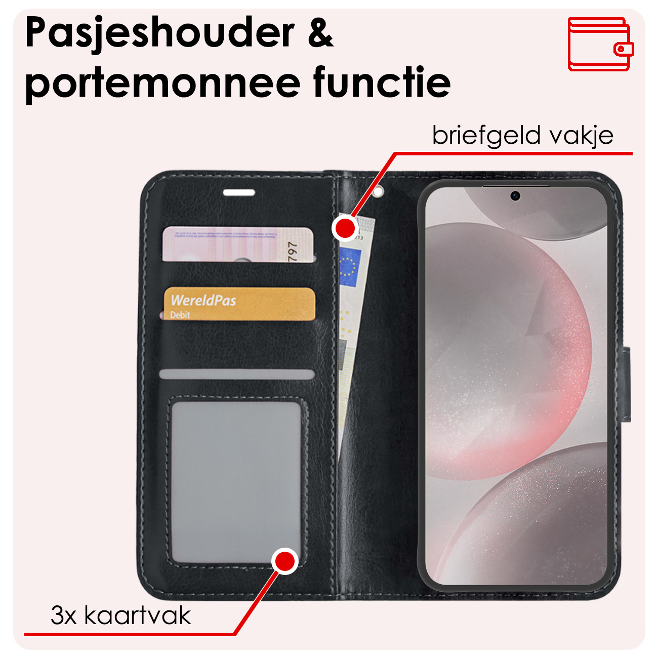 NoXx Hoes Geschikt voor Samsung S24 Plus Hoesje Book Case Hoes Flip Cover Wallet Bookcase Met Screenprotector - Zwart