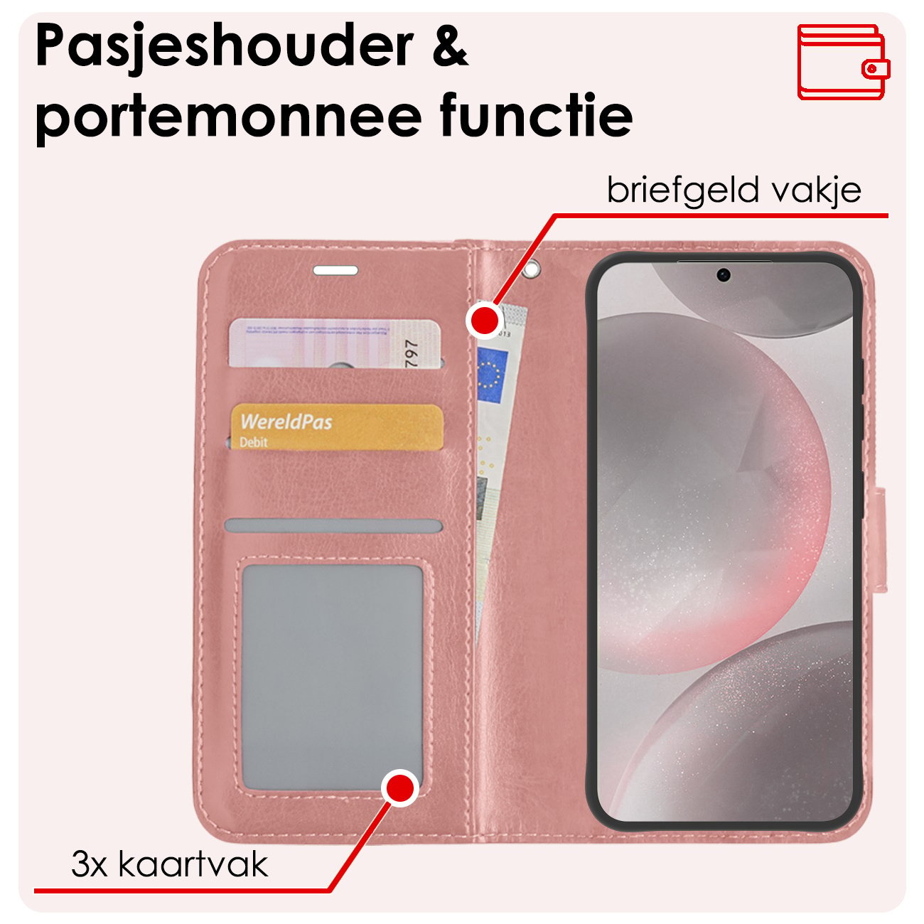 NoXx Hoes Geschikt voor Samsung S24 Plus Hoesje Book Case Hoes Flip Cover Wallet Bookcase Met 2x Screenprotector - Rosé goud