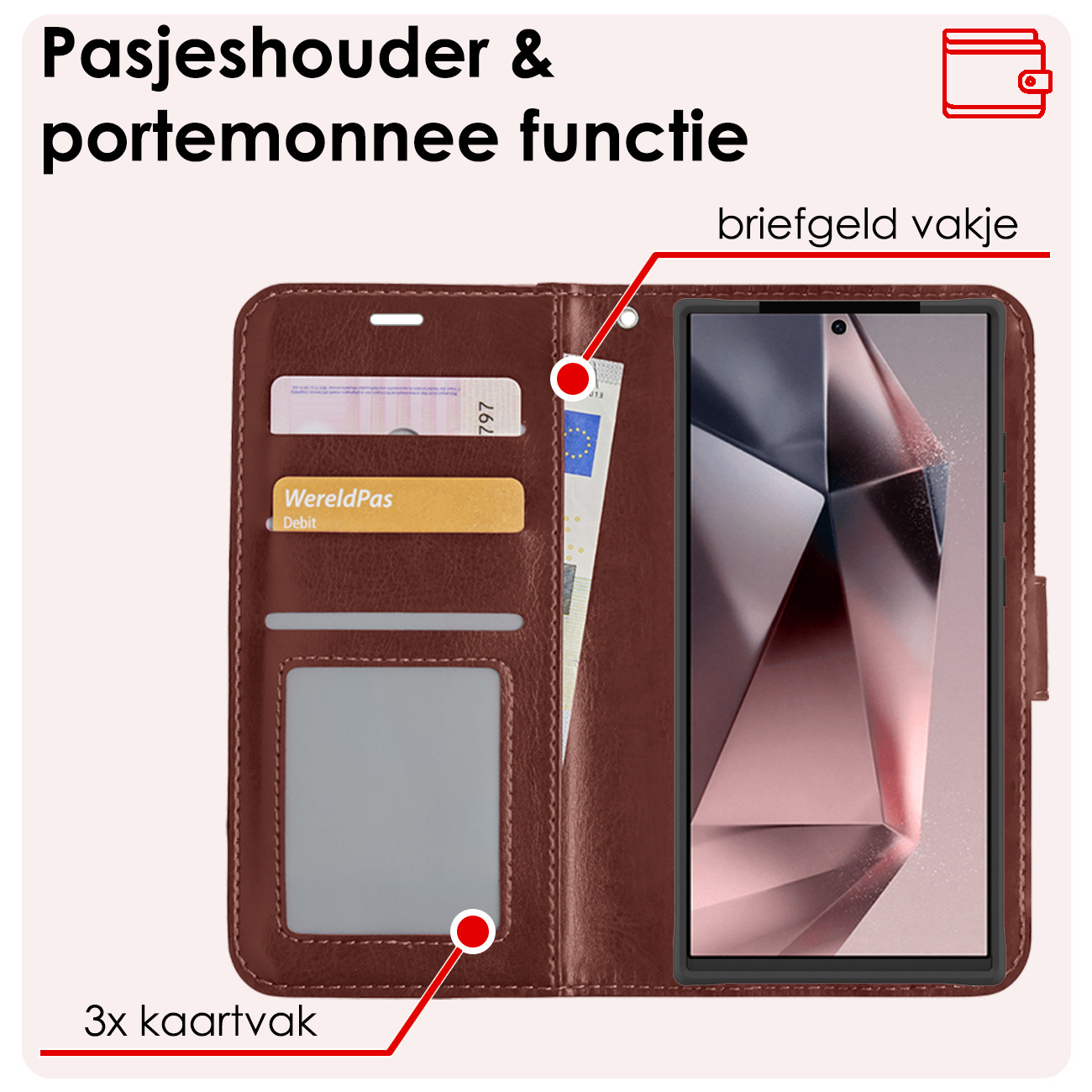 NoXx Hoes Geschikt voor Samsung S24 Ultra Hoesje Book Case Hoes Flip Cover Wallet Bookcase Met Screenprotector - Bruin