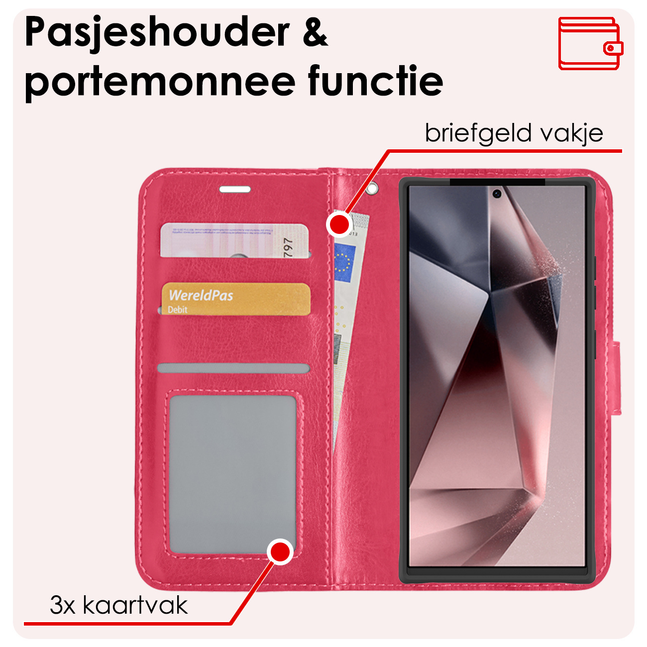 NoXx Hoes Geschikt voor Samsung S24 Ultra Hoesje Book Case Hoes Flip Cover Wallet Bookcase Met Screenprotector - Donkerroze