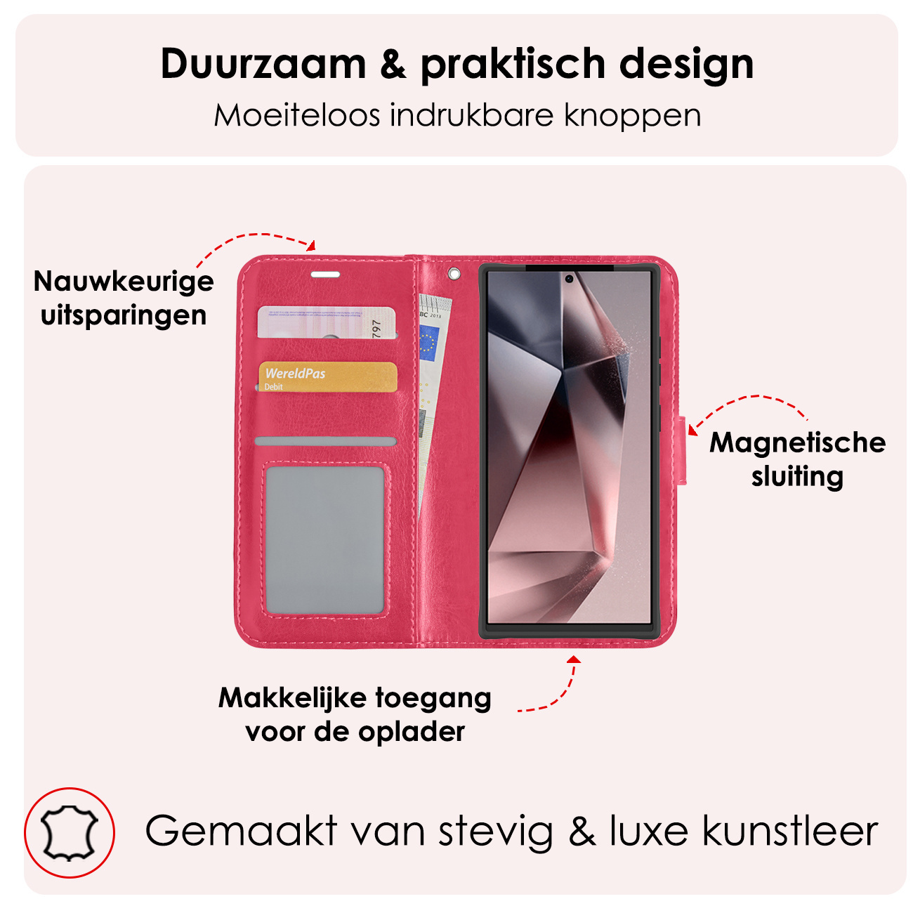 NoXx Hoes Geschikt voor Samsung S24 Ultra Hoesje Book Case Hoes Flip Cover Wallet Bookcase Met Screenprotector - Donkerroze