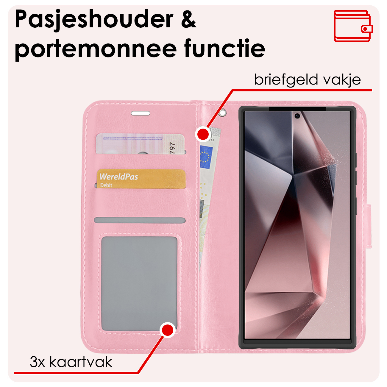 NoXx Hoes Geschikt voor Samsung S24 Ultra Hoesje Book Case Hoes Flip Cover Wallet Bookcase Met Screenprotector - Lichtroze