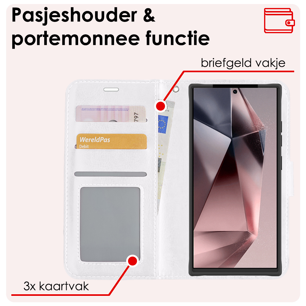 NoXx Hoes Geschikt voor Samsung S24 Ultra Hoesje Book Case Hoes Flip Cover Wallet Bookcase Met Screenprotector - Wit