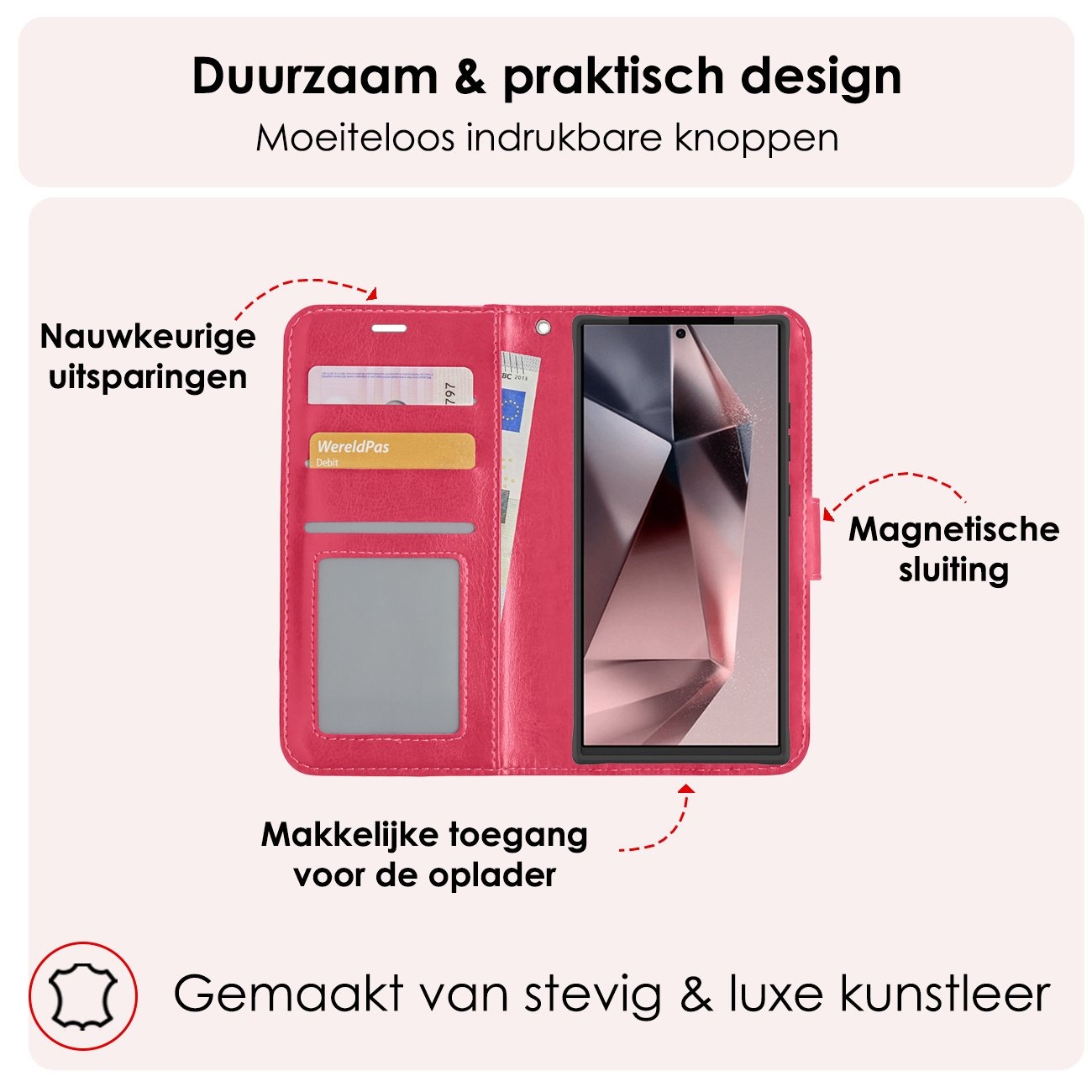 NoXx Hoes Geschikt voor Samsung S24 Ultra Hoesje Book Case Hoes Flip Cover Wallet Bookcase Met 2x Screenprotector - Donkerroze