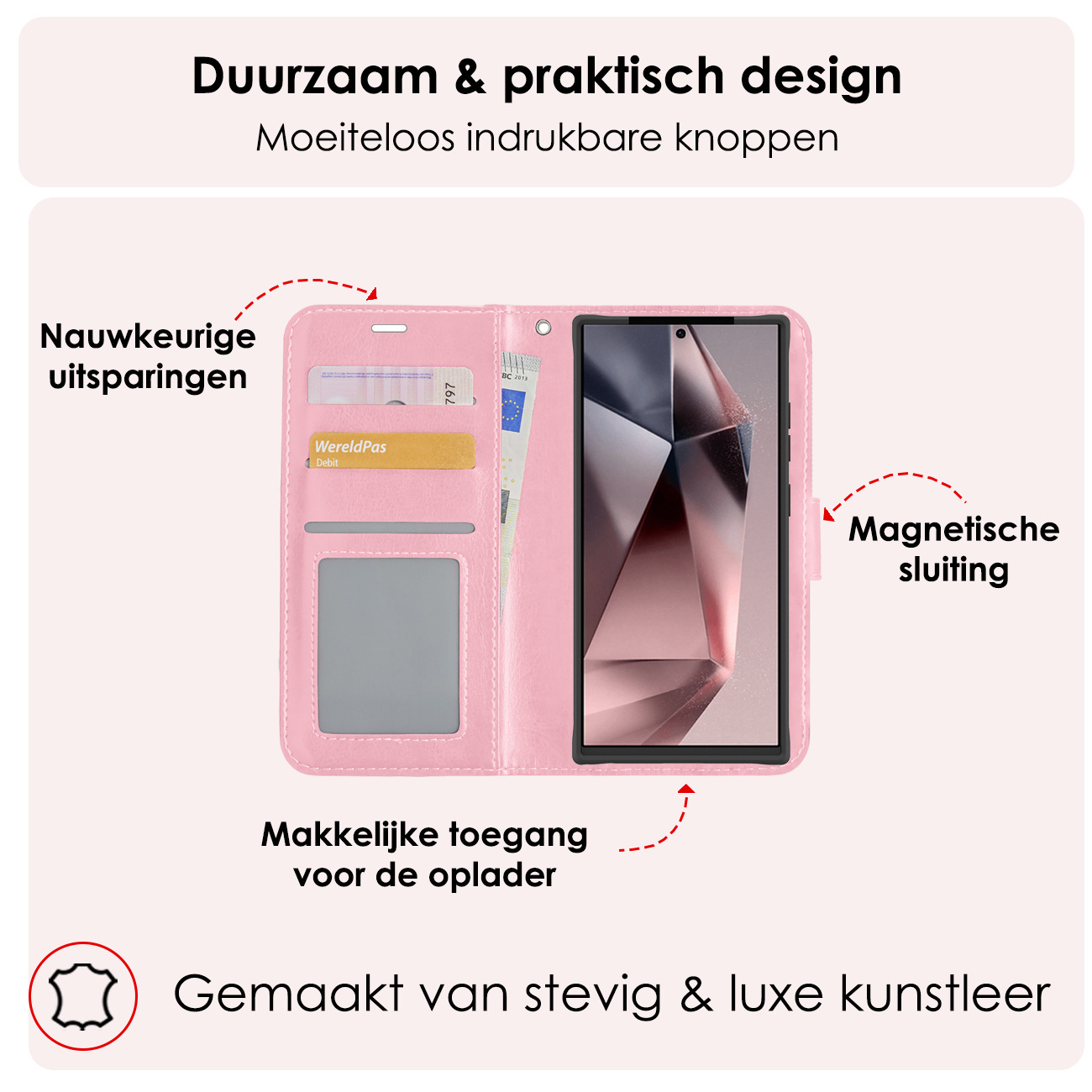 NoXx Hoes Geschikt voor Samsung S24 Ultra Hoesje Book Case Hoes Flip Cover Wallet Bookcase Met 2x Screenprotector - Lichtroze