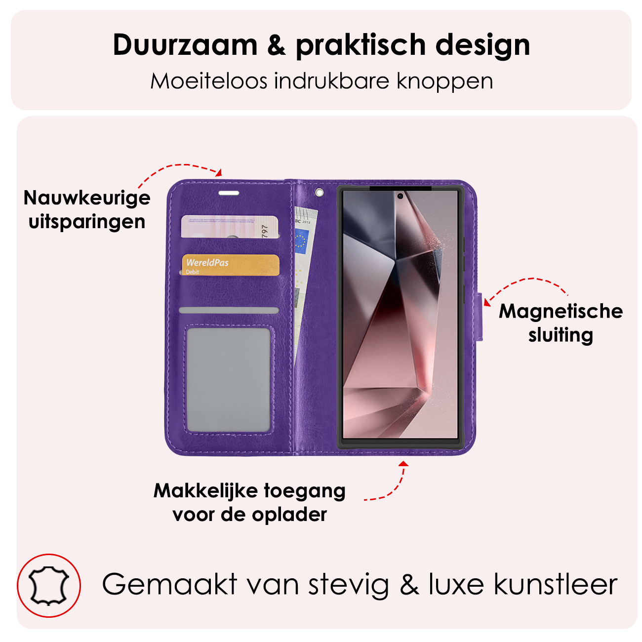 NoXx Hoes Geschikt voor Samsung S24 Ultra Hoesje Book Case Hoes Flip Cover Wallet Bookcase Met 2x Screenprotector - Paars