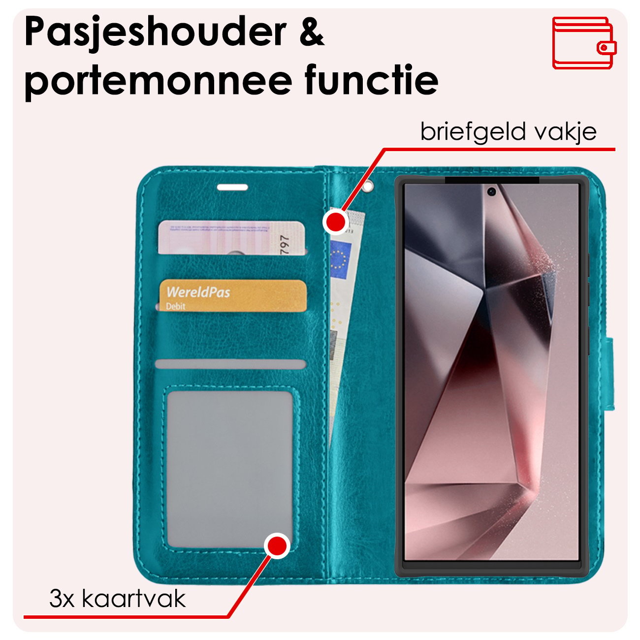 NoXx Hoes Geschikt voor Samsung S24 Ultra Hoesje Book Case Hoes Flip Cover Wallet Bookcase Met 2x Screenprotector - Turquoise