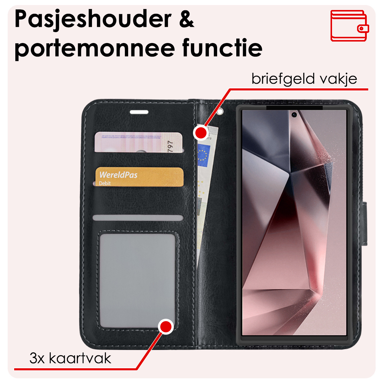 NoXx Hoes Geschikt voor Samsung S24 Ultra Hoesje Book Case Hoes Flip Cover Wallet Bookcase Met 2x Screenprotector - Zwart