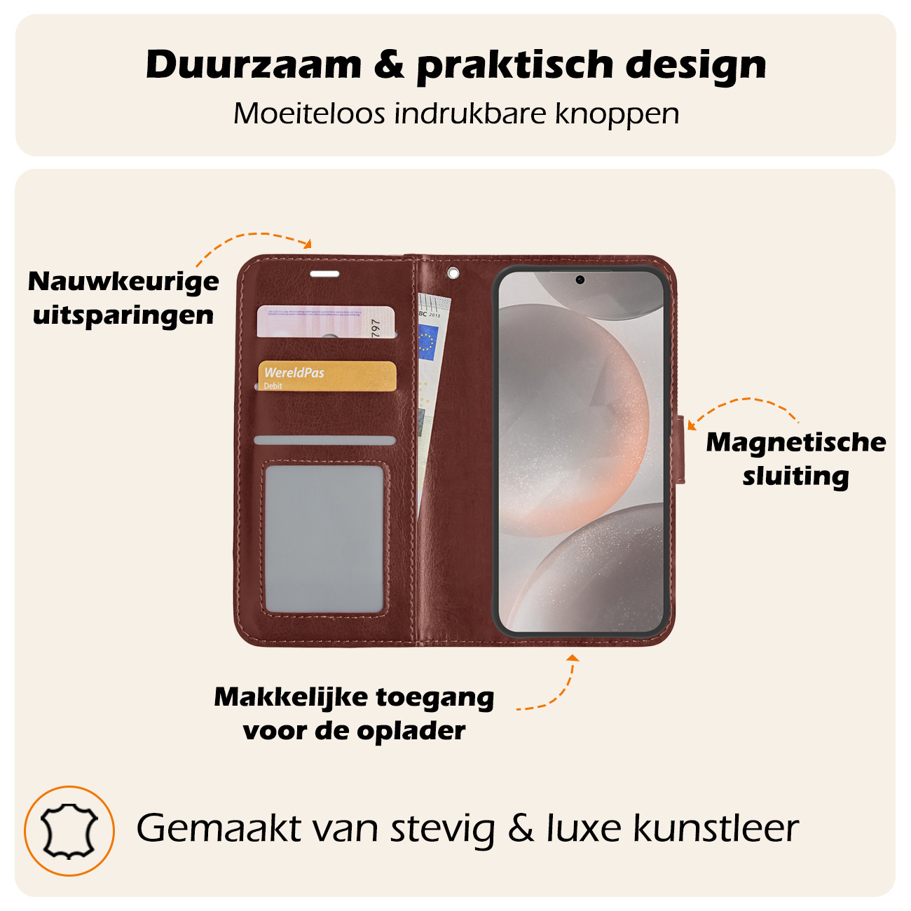 Nomfy Hoesje Geschikt voor Samsung S24 Hoes Bookcase Flipcase Book Cover Met Screenprotector - Hoes Geschikt voor Samsung Galaxy S24 Hoesje Book Case - Bruin