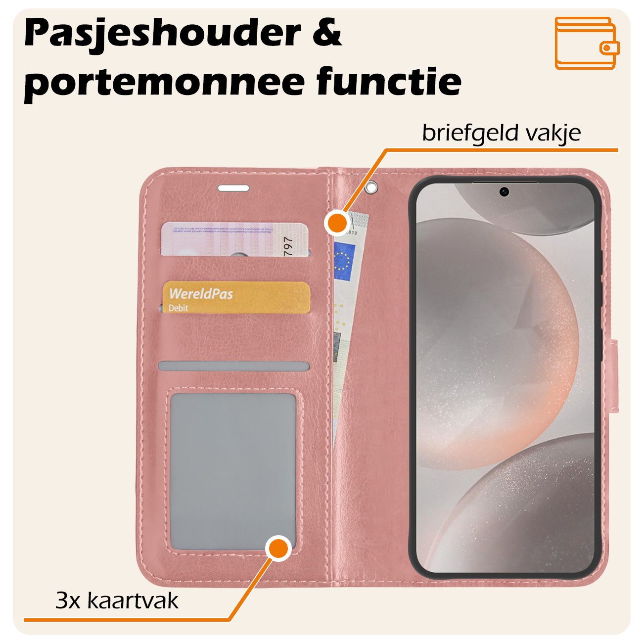 Nomfy Hoesje Geschikt voor Samsung S24 Hoes Bookcase Flipcase Book Cover Met Screenprotector - Hoes Geschikt voor Samsung Galaxy S24 Hoesje Book Case - Rosé goud