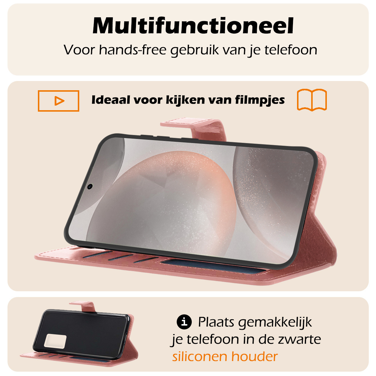 Nomfy Hoesje Geschikt voor Samsung S24 Hoes Bookcase Flipcase Book Cover Met Screenprotector - Hoes Geschikt voor Samsung Galaxy S24 Hoesje Book Case - Rosé goud