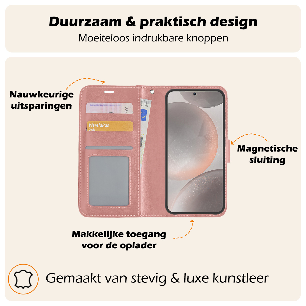 Nomfy Hoesje Geschikt voor Samsung S24 Hoes Bookcase Flipcase Book Cover Met Screenprotector - Hoes Geschikt voor Samsung Galaxy S24 Hoesje Book Case - Rosé goud