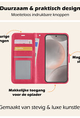 Nomfy Hoesje Geschikt voor Samsung S24 Hoes Bookcase Flipcase Book Cover Met 2x Screenprotector - Hoes Geschikt voor Samsung Galaxy S24 Hoesje Book Case - Donkerroze