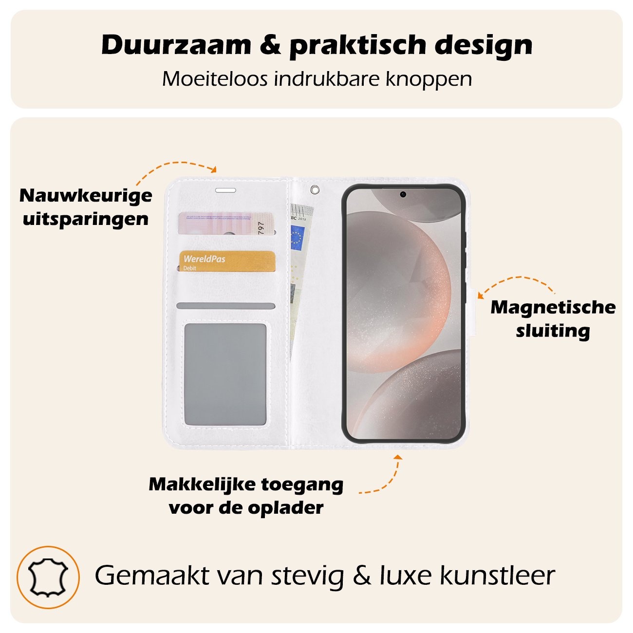 Nomfy Hoesje Geschikt voor Samsung S24 Hoes Bookcase Flipcase Book Cover Met 2x Screenprotector - Hoes Geschikt voor Samsung Galaxy S24 Hoesje Book Case - Wit