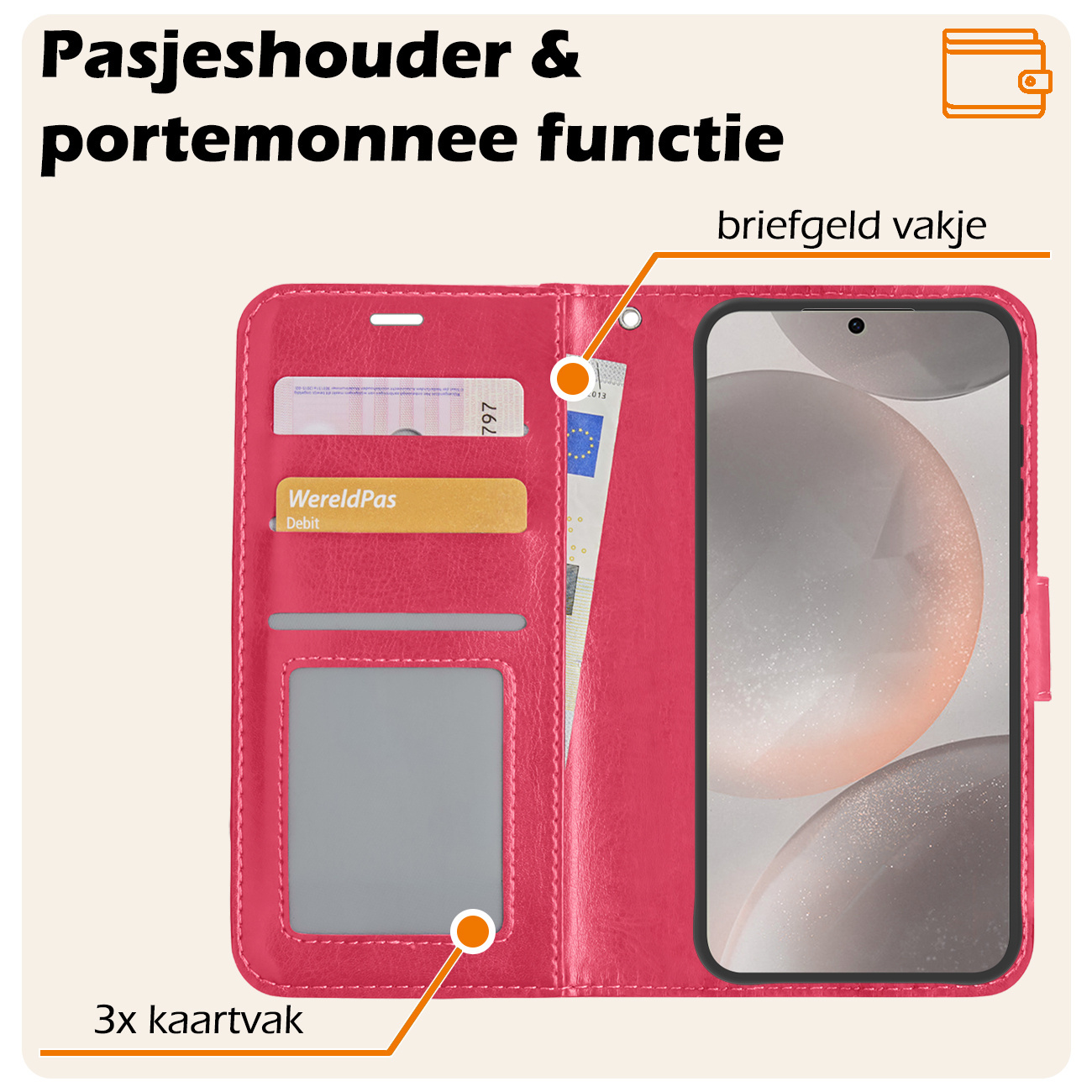 Nomfy Hoesje Geschikt voor Samsung S24 Plus Hoes Bookcase Flipcase Book Cover Met Screenprotector - Hoes Geschikt voor Samsung Galaxy S24 Plus Hoesje Book Case - Donkerroze