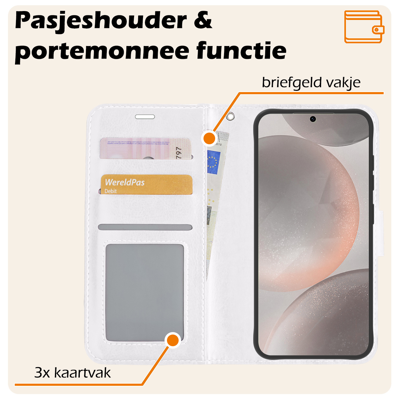 Nomfy Hoesje Geschikt voor Samsung S24 Plus Hoes Bookcase Flipcase Book Cover Met Screenprotector - Hoes Geschikt voor Samsung Galaxy S24 Plus Hoesje Book Case - Wit