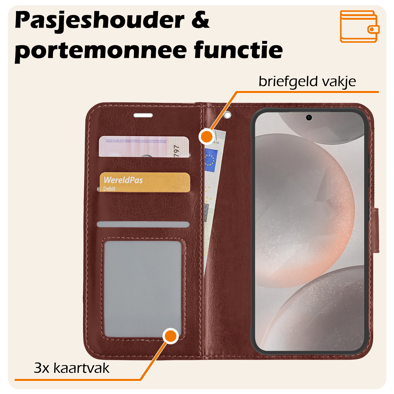 Nomfy Hoesje Geschikt voor Samsung S24 Plus Hoes Bookcase Flipcase Book Cover Met 2x Screenprotector - Hoes Geschikt voor Samsung Galaxy S24 Plus Hoesje Book Case - Bruin