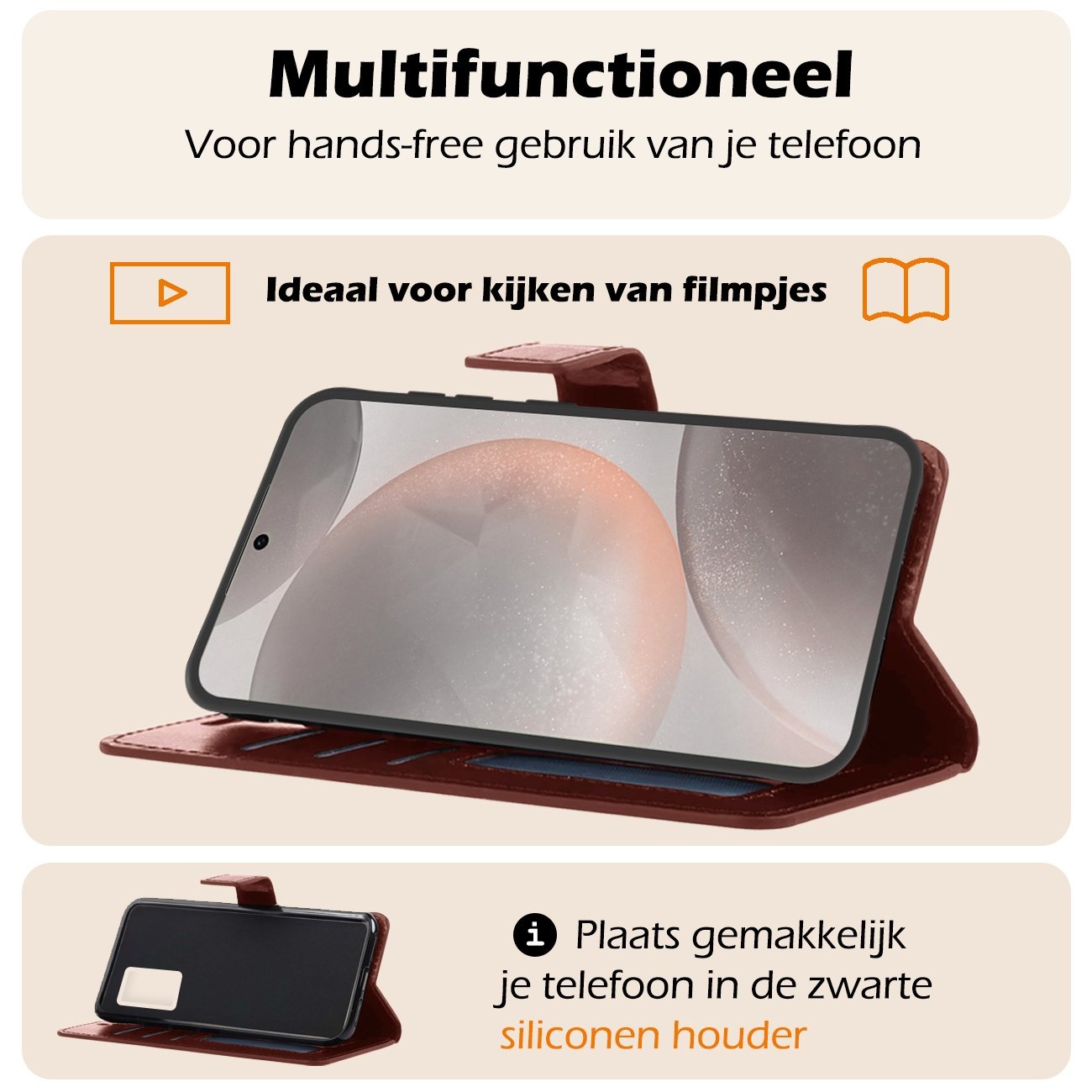 Nomfy Hoesje Geschikt voor Samsung S24 Plus Hoes Bookcase Flipcase Book Cover Met 2x Screenprotector - Hoes Geschikt voor Samsung Galaxy S24 Plus Hoesje Book Case - Bruin