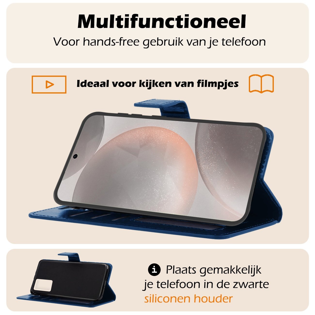 Nomfy Hoesje Geschikt voor Samsung S24 Plus Hoes Bookcase Flipcase Book Cover Met 2x Screenprotector - Hoes Geschikt voor Samsung Galaxy S24 Plus Hoesje Book Case - Donkerblauw