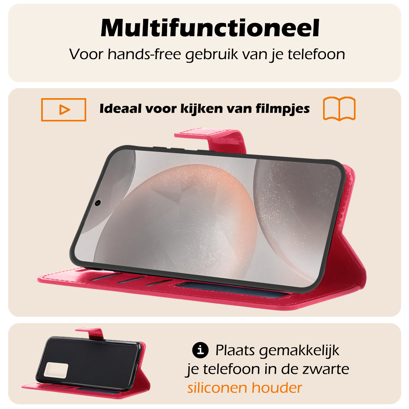 Nomfy Hoesje Geschikt voor Samsung S24 Plus Hoes Bookcase Flipcase Book Cover Met 2x Screenprotector - Hoes Geschikt voor Samsung Galaxy S24 Plus Hoesje Book Case - Donkerroze