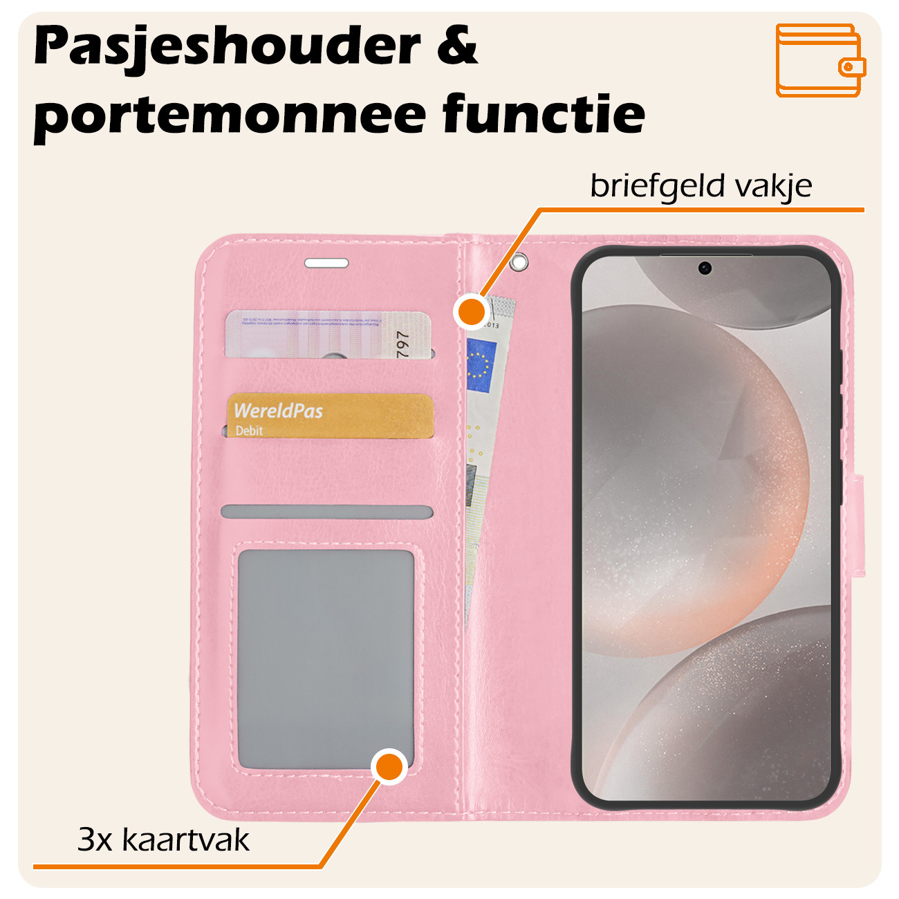 Nomfy Hoesje Geschikt voor Samsung S24 Plus Hoes Bookcase Flipcase Book Cover Met 2x Screenprotector - Hoes Geschikt voor Samsung Galaxy S24 Plus Hoesje Book Case - Lichtroze