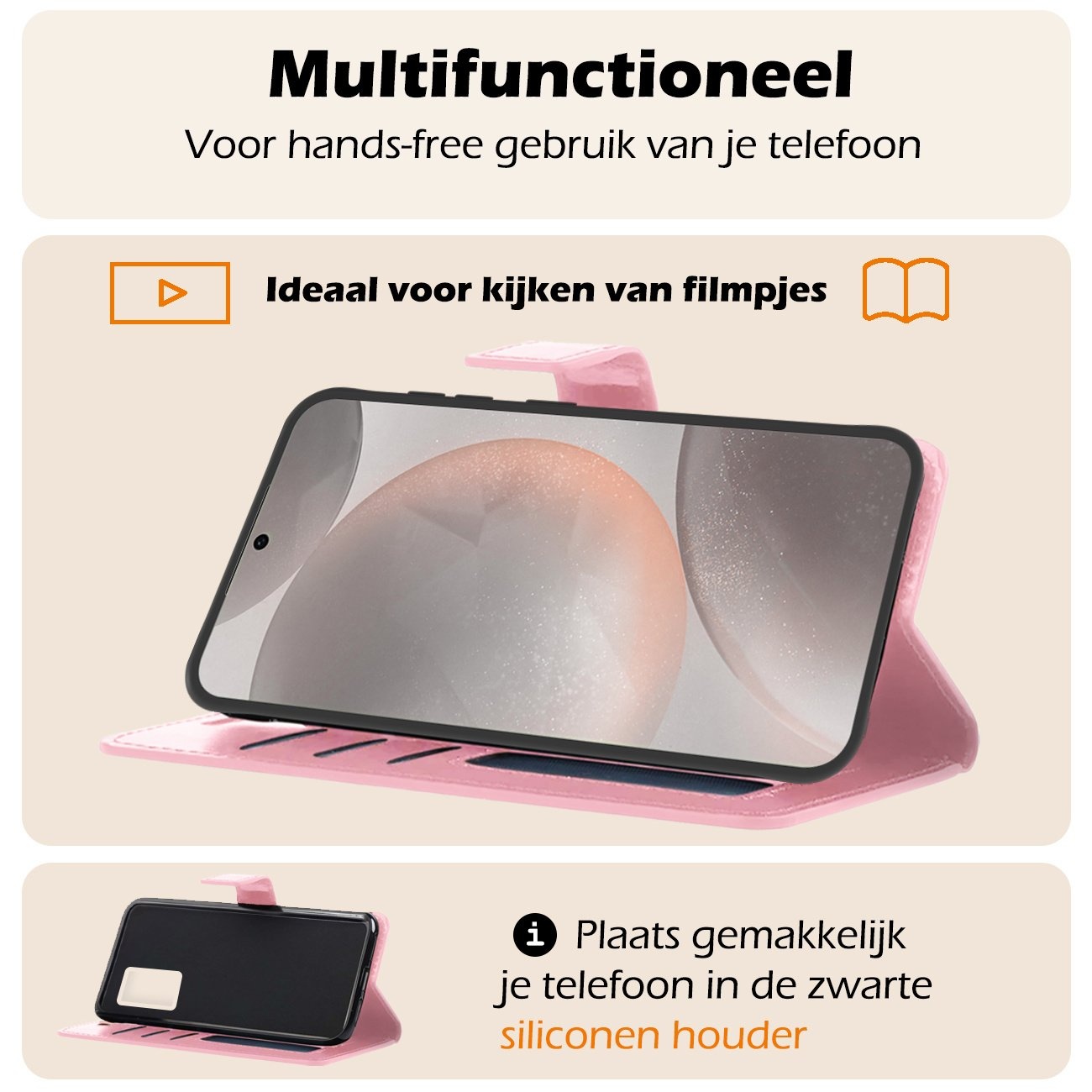 Nomfy Hoesje Geschikt voor Samsung S24 Plus Hoes Bookcase Flipcase Book Cover Met 2x Screenprotector - Hoes Geschikt voor Samsung Galaxy S24 Plus Hoesje Book Case - Lichtroze