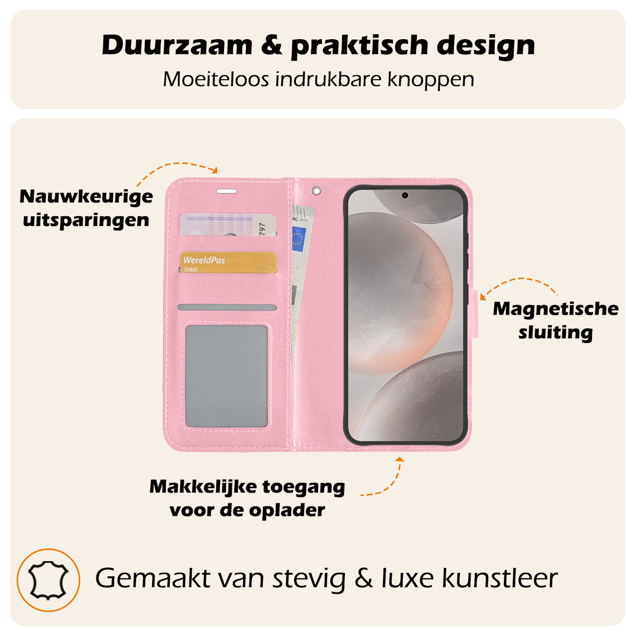 Nomfy Hoesje Geschikt voor Samsung S24 Plus Hoes Bookcase Flipcase Book Cover Met 2x Screenprotector - Hoes Geschikt voor Samsung Galaxy S24 Plus Hoesje Book Case - Lichtroze