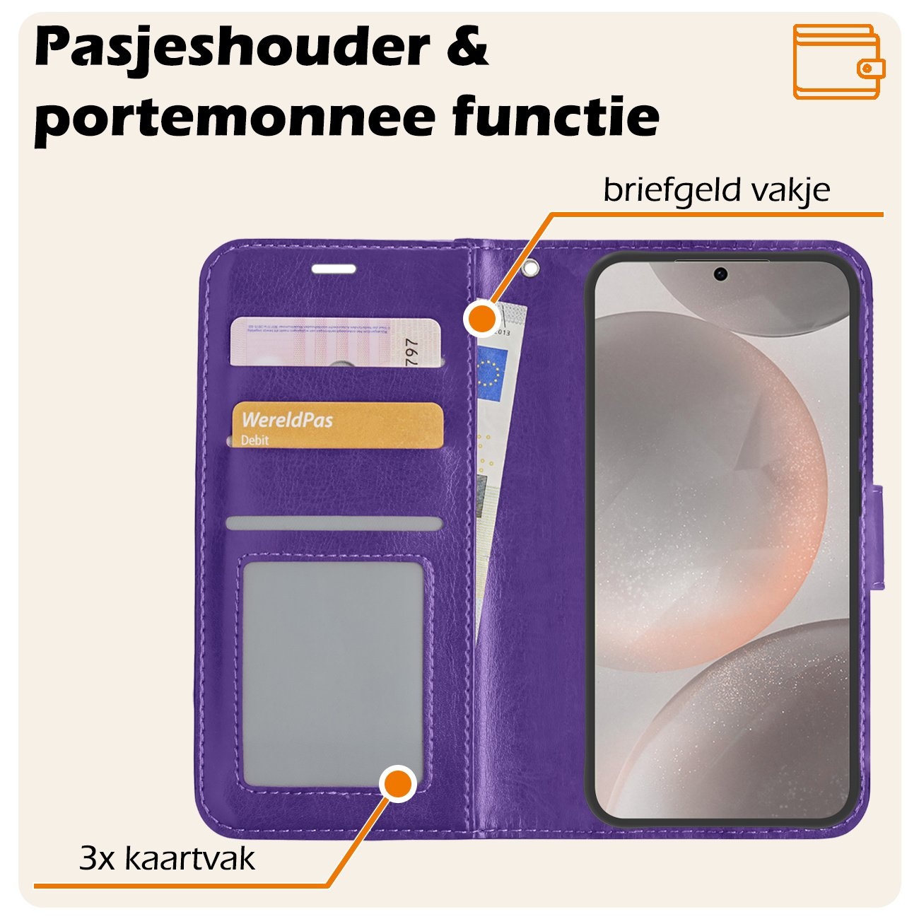 Nomfy Hoesje Geschikt voor Samsung S24 Plus Hoes Bookcase Flipcase Book Cover Met 2x Screenprotector - Hoes Geschikt voor Samsung Galaxy S24 Plus Hoesje Book Case - Paars