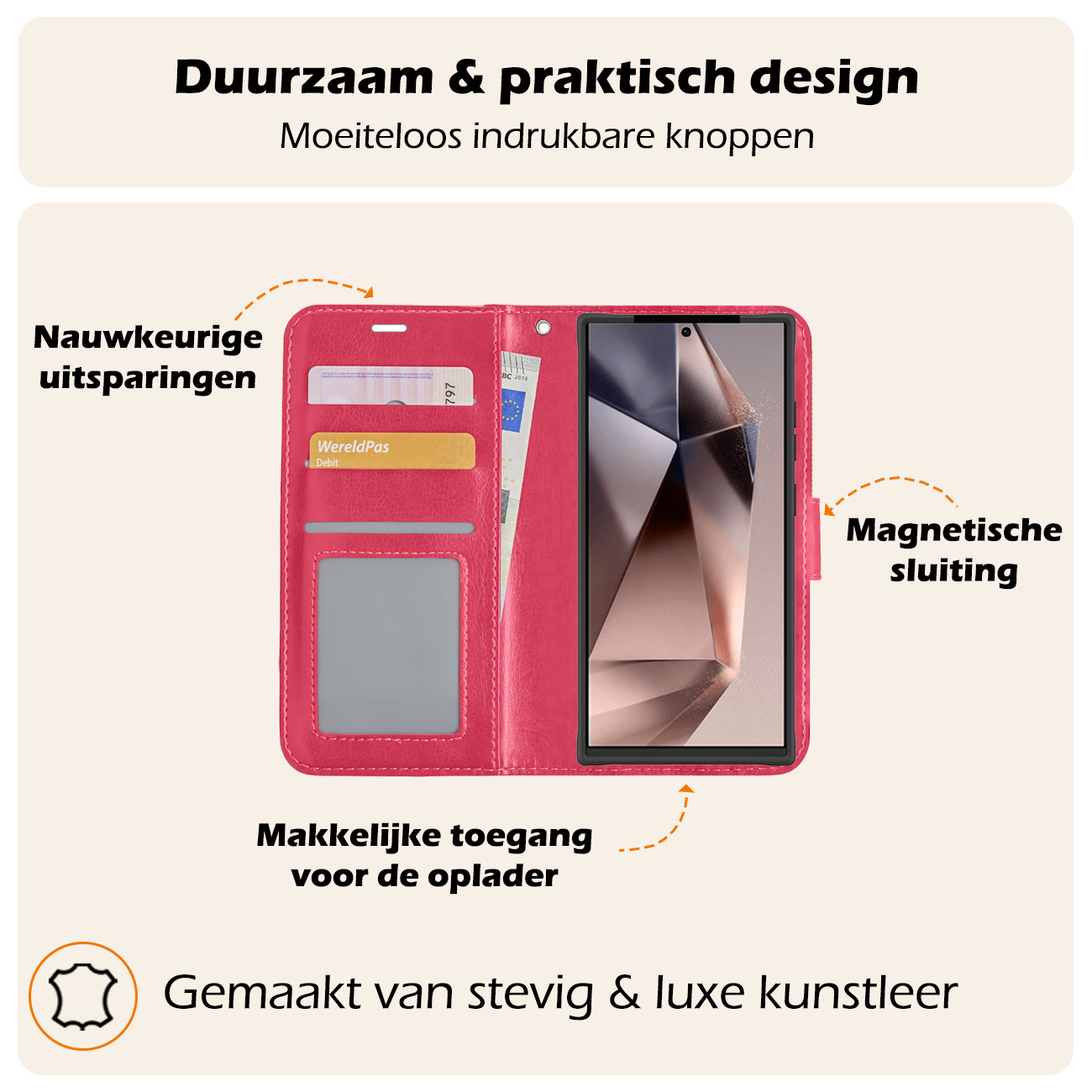 Nomfy Hoesje Geschikt voor Samsung S24 Ultra Hoes Bookcase Flipcase Book Cover Met Screenprotector - Hoes Geschikt voor Samsung Galaxy S24 Ultra Hoesje Book Case - Donkerroze