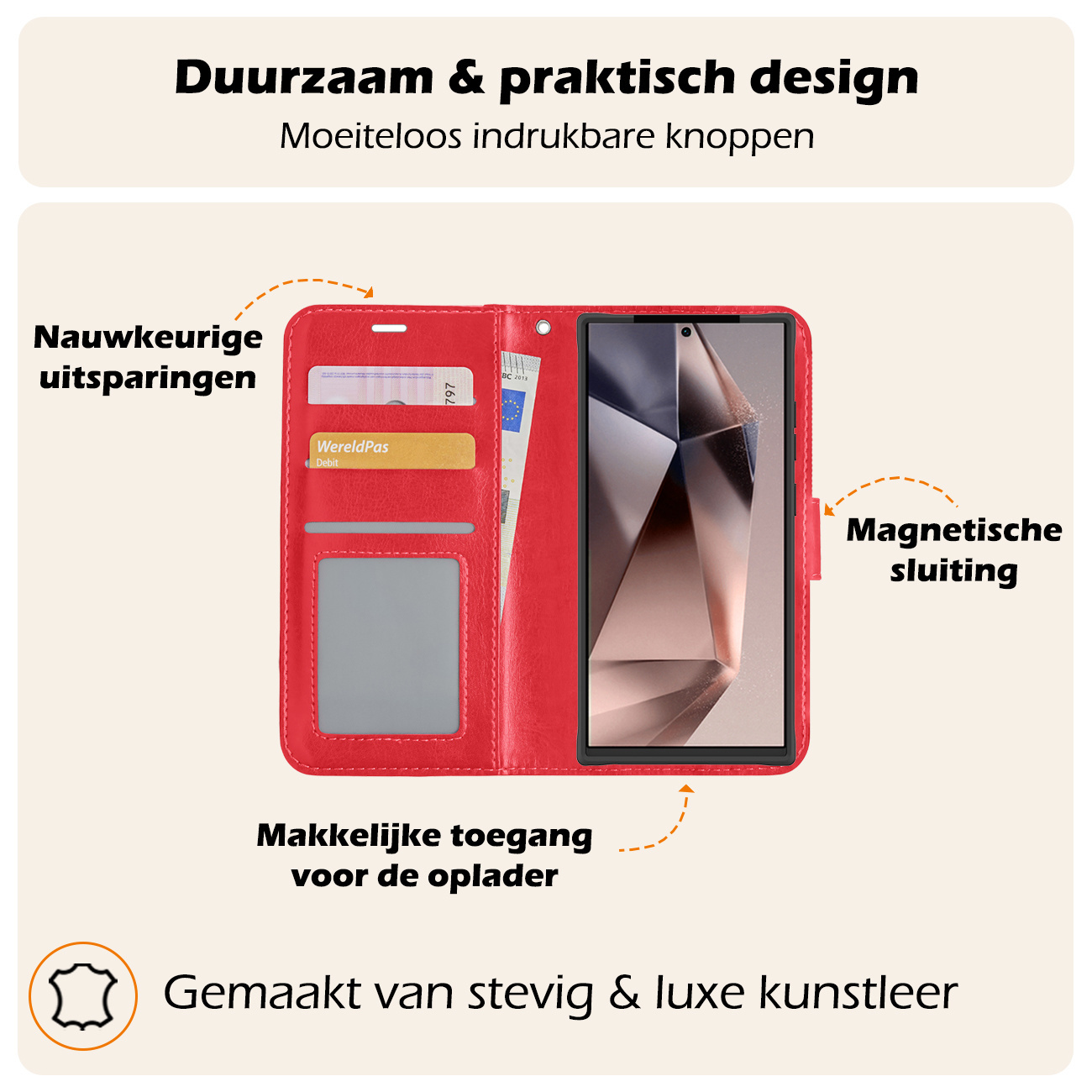 Nomfy Hoesje Geschikt voor Samsung S24 Ultra Hoes Bookcase Flipcase Book Cover Met Screenprotector - Hoes Geschikt voor Samsung Galaxy S24 Ultra Hoesje Book Case - Rood