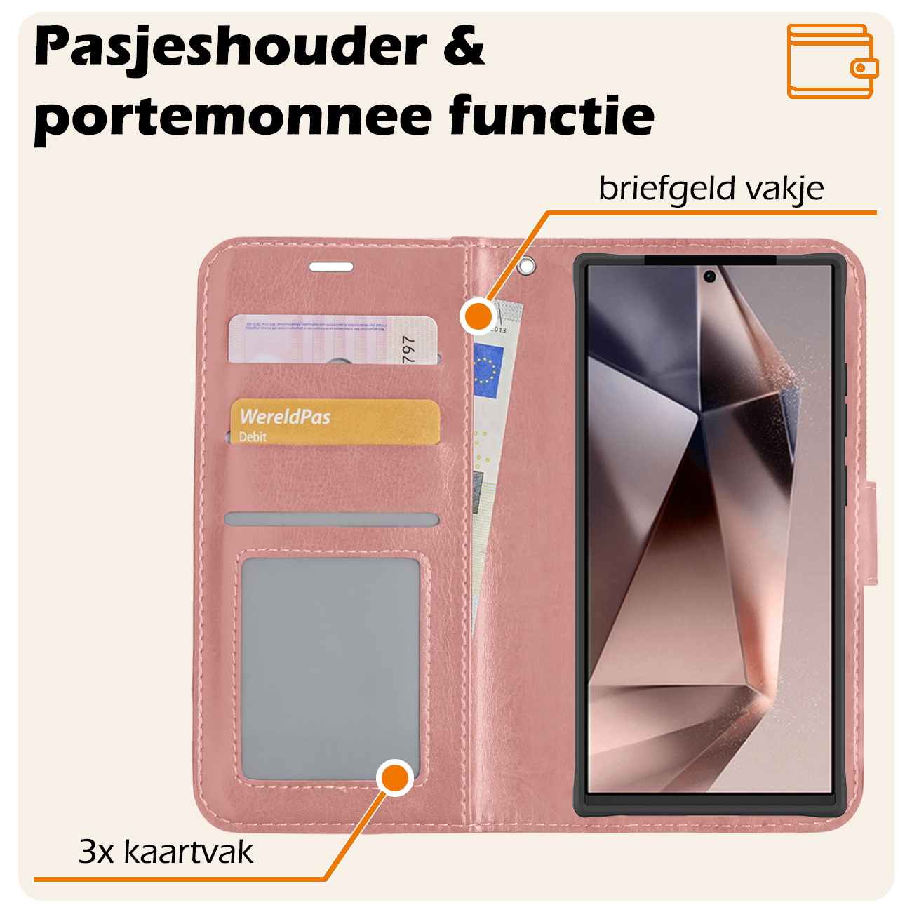 Nomfy Hoesje Geschikt voor Samsung S24 Ultra Hoes Bookcase Flipcase Book Cover Met Screenprotector - Hoes Geschikt voor Samsung Galaxy S24 Ultra Hoesje Book Case - Rosé goud