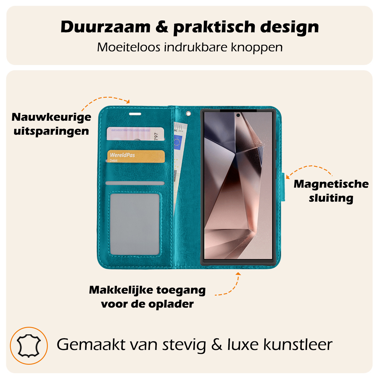 Nomfy Hoesje Geschikt voor Samsung S24 Ultra Hoes Bookcase Flipcase Book Cover Met Screenprotector - Hoes Geschikt voor Samsung Galaxy S24 Ultra Hoesje Book Case - Turquoise