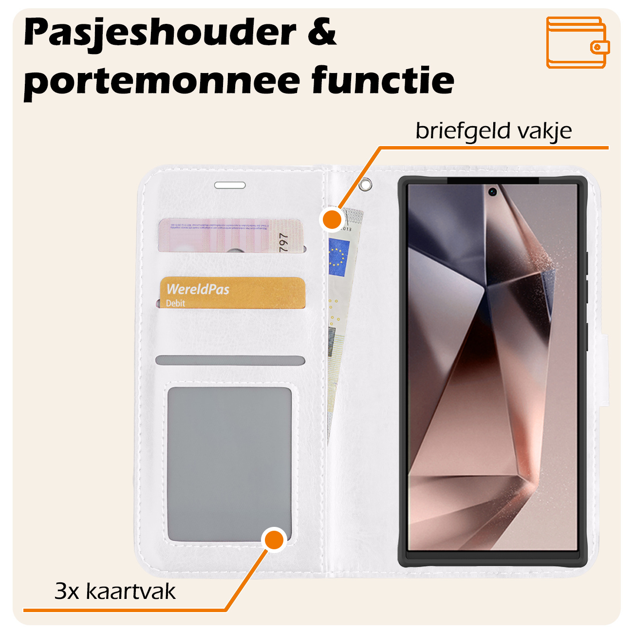 Nomfy Hoesje Geschikt voor Samsung S24 Ultra Hoes Bookcase Flipcase Book Cover Met Screenprotector - Hoes Geschikt voor Samsung Galaxy S24 Ultra Hoesje Book Case - Wit