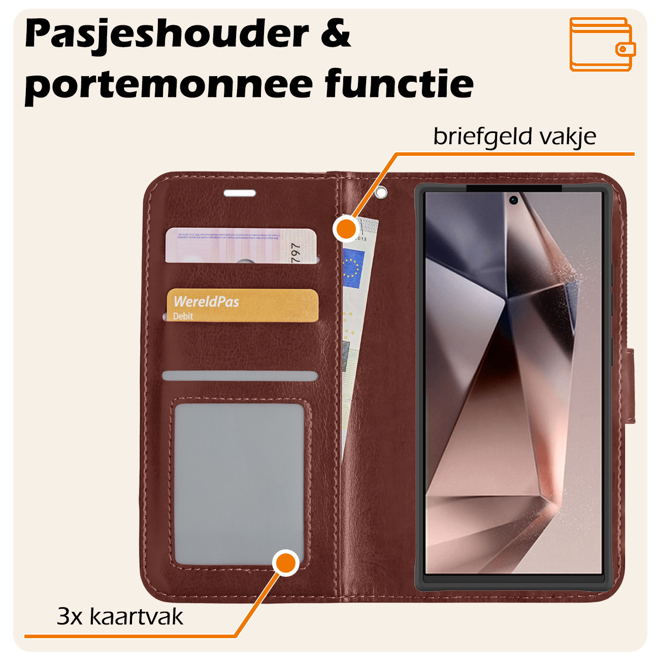 Nomfy Hoesje Geschikt voor Samsung S24 Ultra Hoes Bookcase Flipcase Book Cover Met 2x Screenprotector - Hoes Geschikt voor Samsung Galaxy S24 Ultra Hoesje Book Case - Bruin