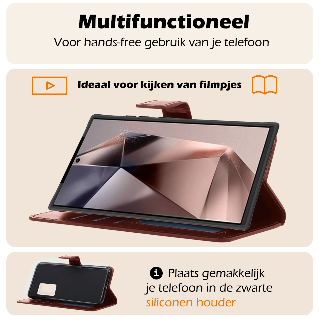 Nomfy Hoesje Geschikt voor Samsung S24 Ultra Hoes Bookcase Flipcase Book Cover Met 2x Screenprotector - Hoes Geschikt voor Samsung Galaxy S24 Ultra Hoesje Book Case - Bruin