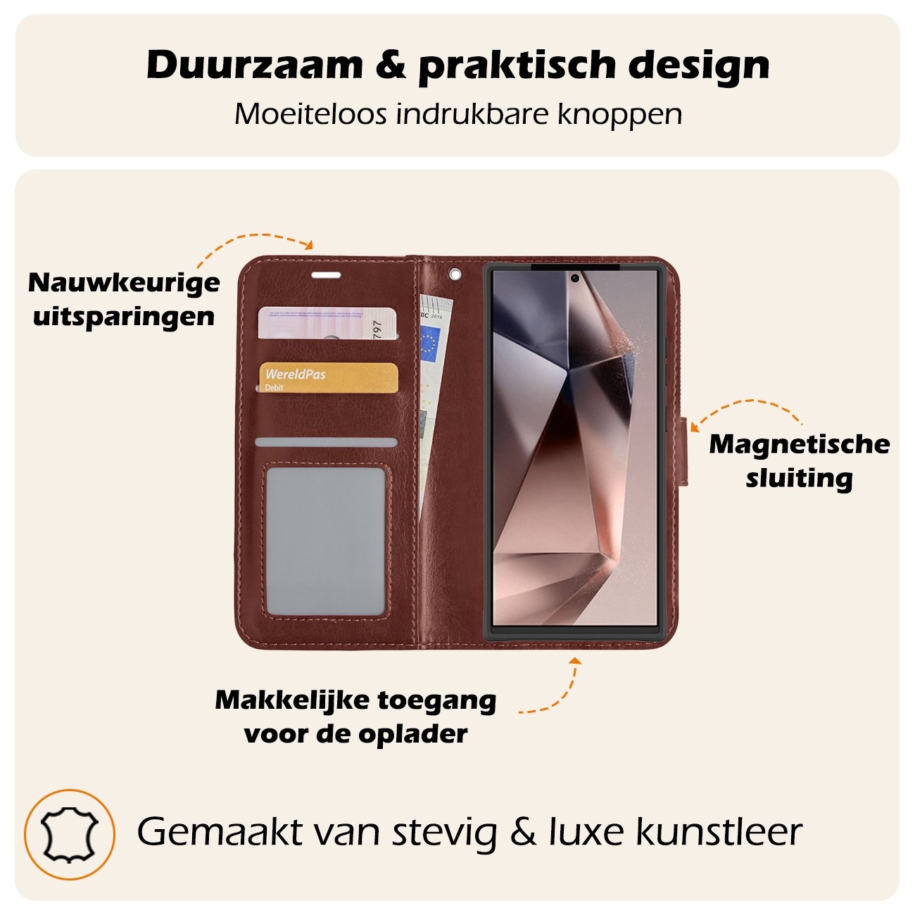 Nomfy Hoesje Geschikt voor Samsung S24 Ultra Hoes Bookcase Flipcase Book Cover Met 2x Screenprotector - Hoes Geschikt voor Samsung Galaxy S24 Ultra Hoesje Book Case - Bruin