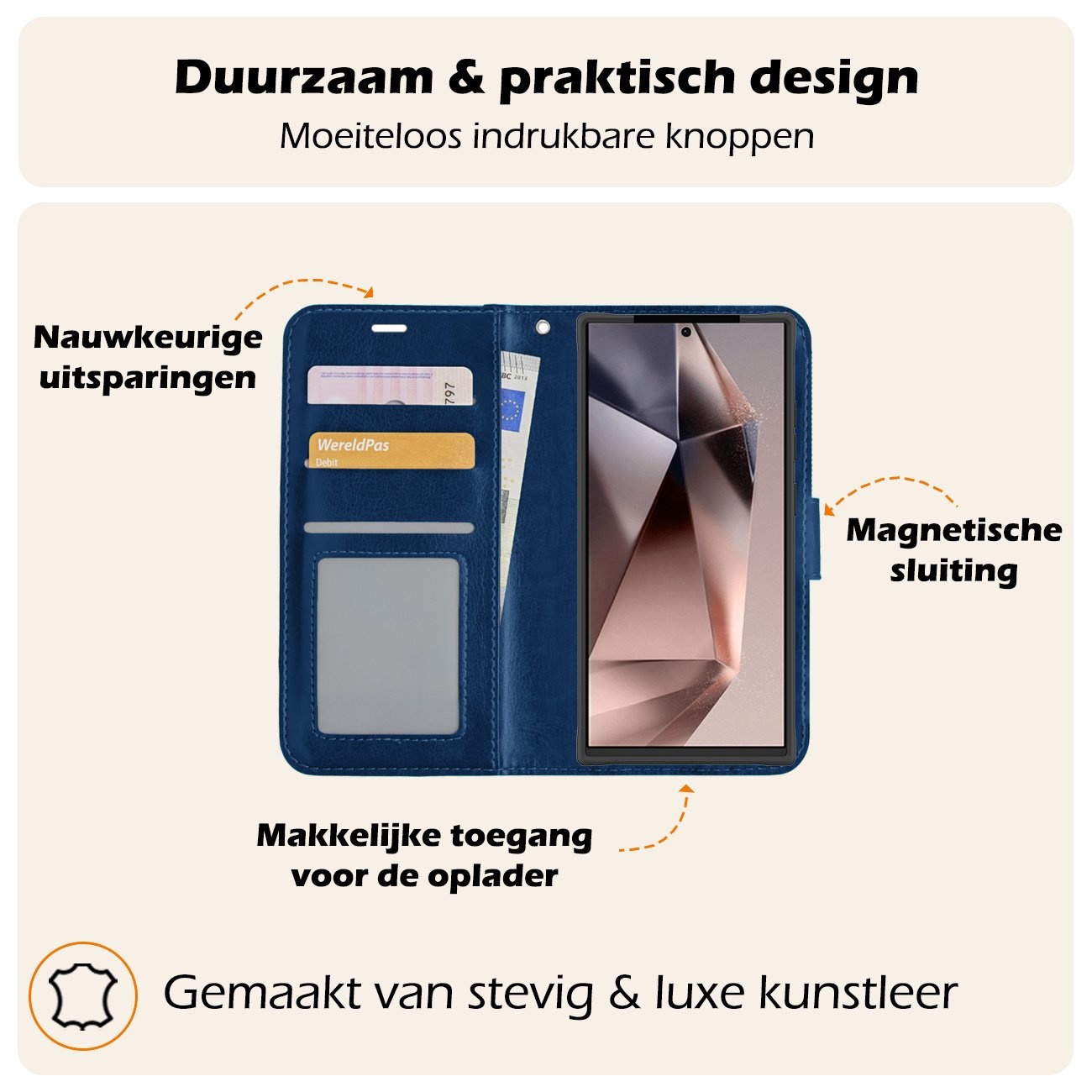 Nomfy Hoesje Geschikt voor Samsung S24 Ultra Hoes Bookcase Flipcase Book Cover Met 2x Screenprotector - Hoes Geschikt voor Samsung Galaxy S24 Ultra Hoesje Book Case - Donkerblauw